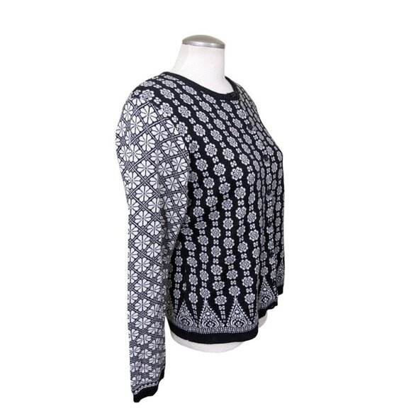 Vintage Cabi Cardigan Sweater Wool Blend Womens Large Black White Floral Button - Picture 3 of 6